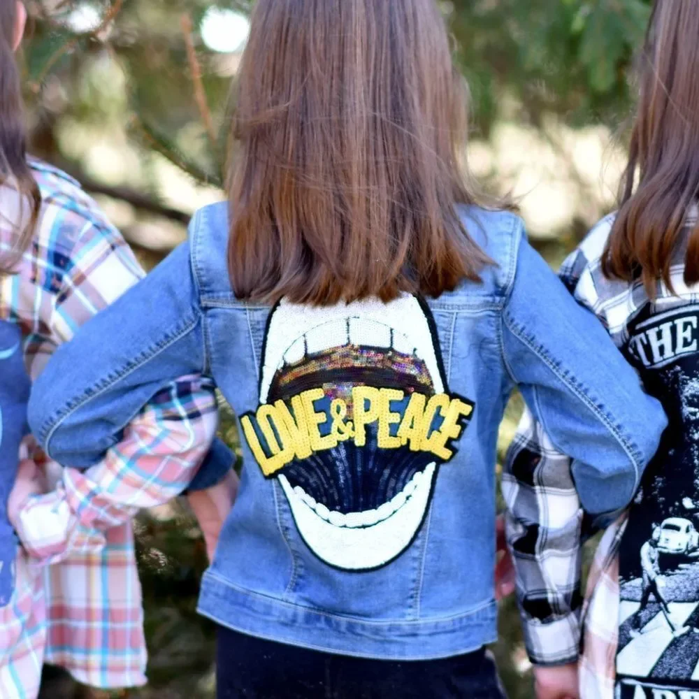 Denim Jacket With Sequin Love & Peace Lips Patch